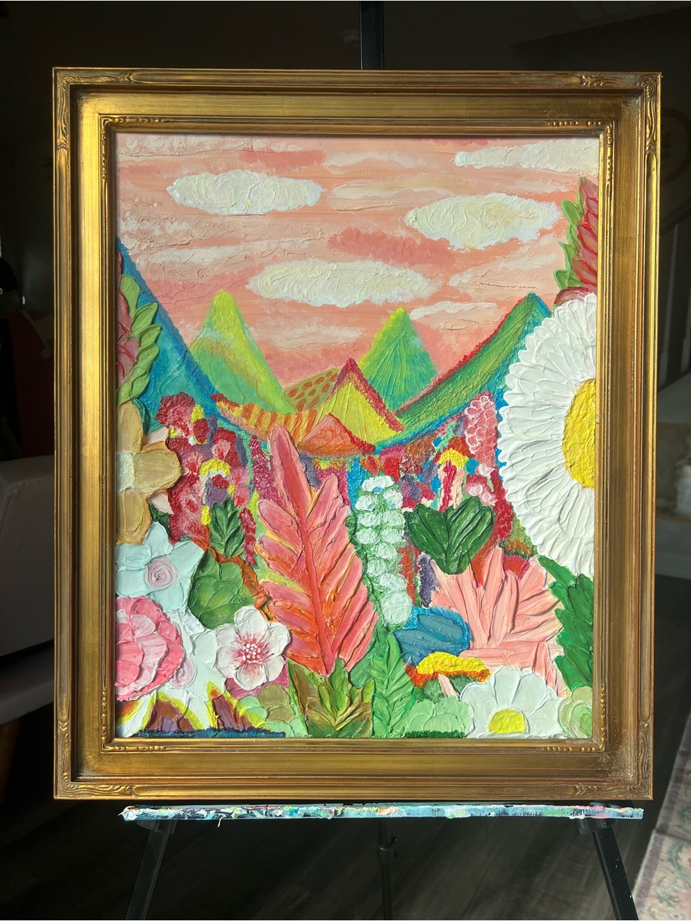 Textured Floral Landscape Painting in Peach, Pink & Green - Picture 3 of 10